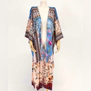 Bohemian Kimono duster, colorful print, midi length, one size fits most